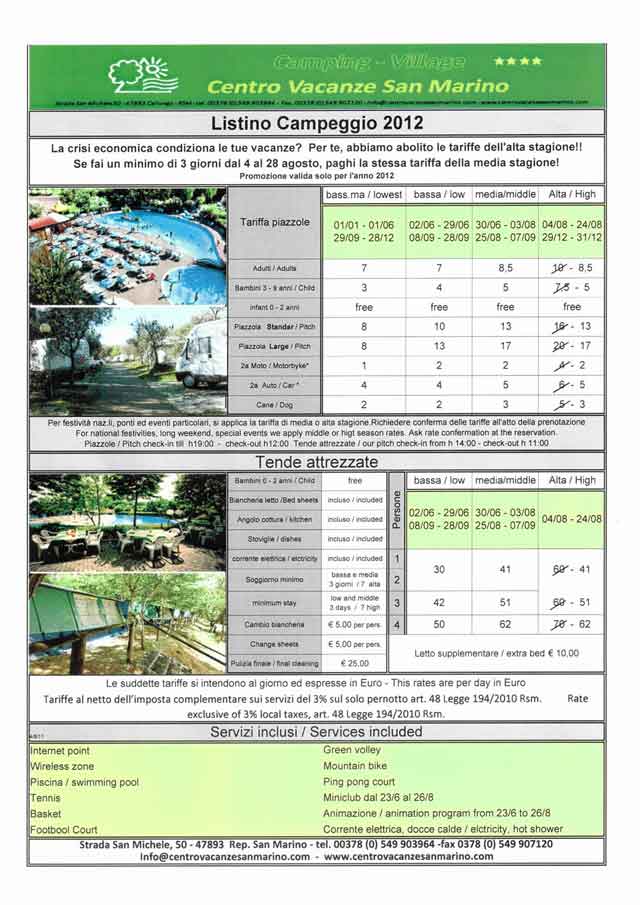 listino Centro Vacanze San Marino listino Centro Vacanze San Marino